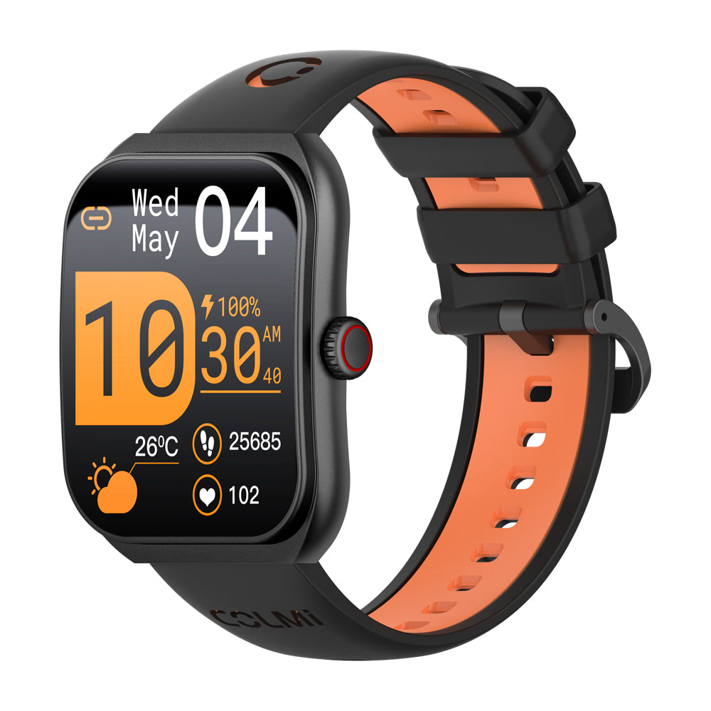 COLMI P86 AMOLED Smartwatch with orange and black band on a white background