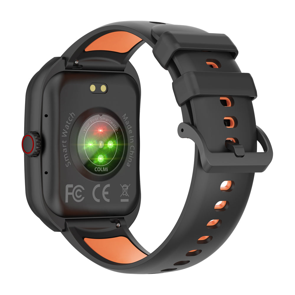 COLMI P86 AMOLED Smartwatch with black and orange band on a white background