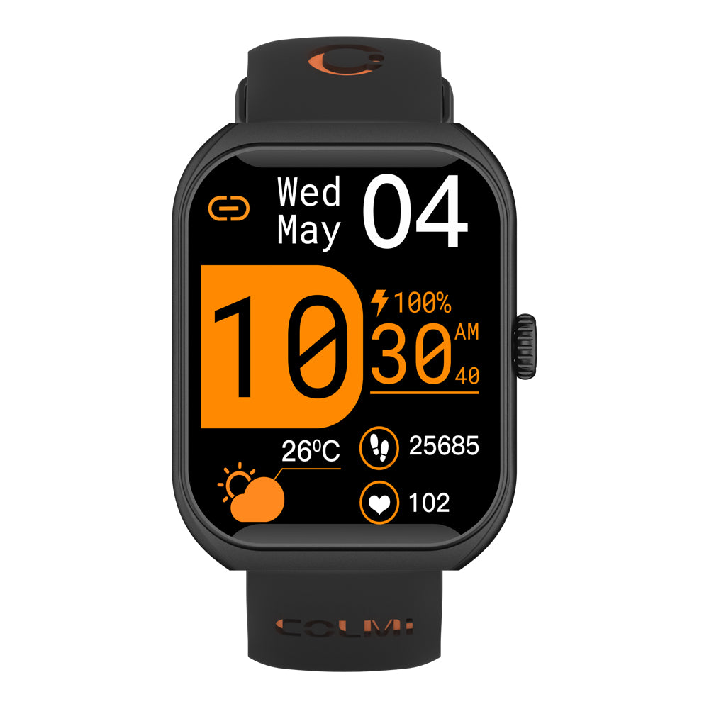 COLMI P86 AMOLED Smartwatch with a black band displaying time, date, and weather on a white background