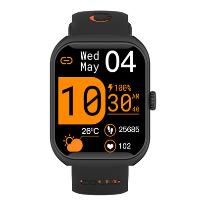 COLMI P86 AMOLED Smartwatch with a black band displaying time, date, and weather on a white background