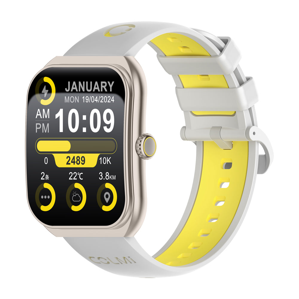 COLMI P86 AMOLED Smartwatch with a yellow strap on a white background