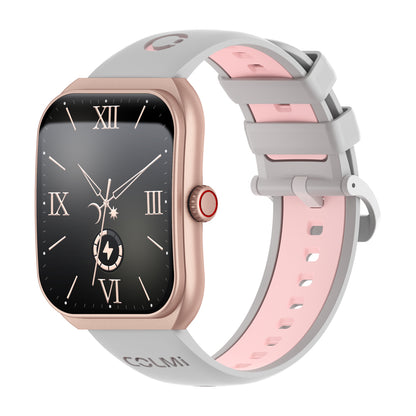 COLMI P86 AMOLED Smartwatch with a pink and gray band on a white background