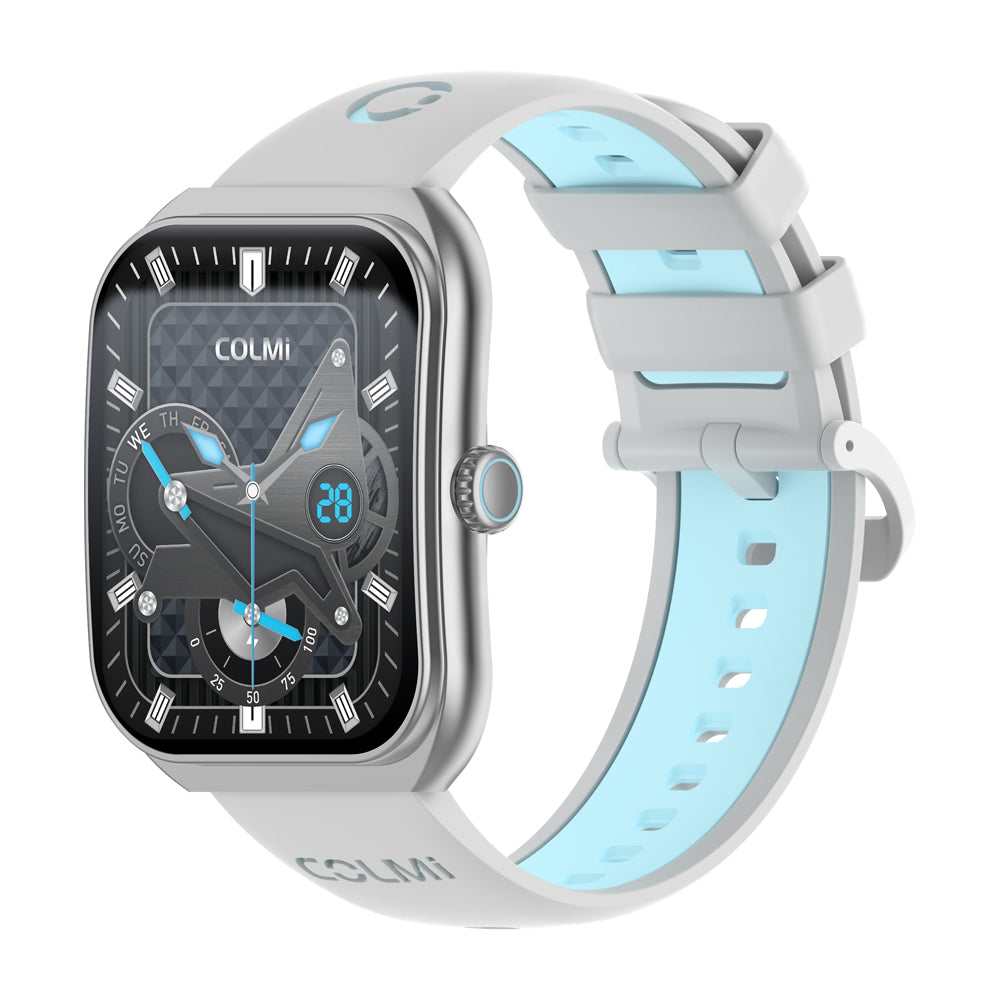 COLMI P86 AMOLED Smartwatch with light blue strap and gray case on a white background
